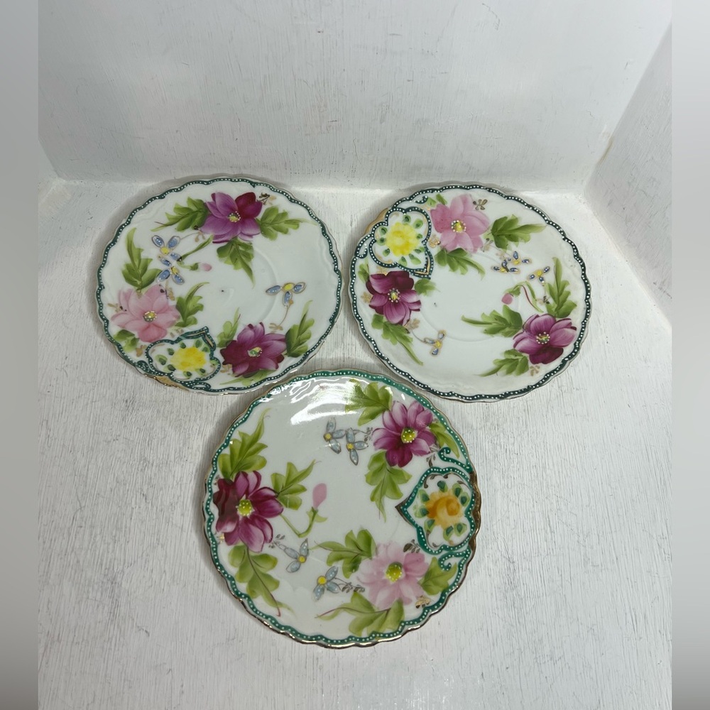 Mid-Century Made in Japan Handpainted Floral Set of Three 5” Plates